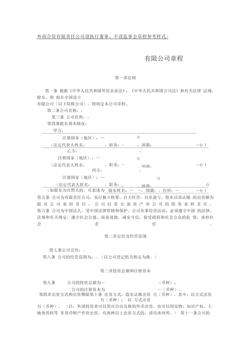 外商合资有限责任公司设执行董事、不设监事会章程参考样式.docx