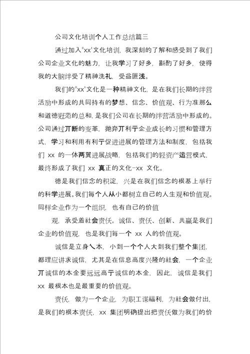 公司文化培训个人工作总结例文