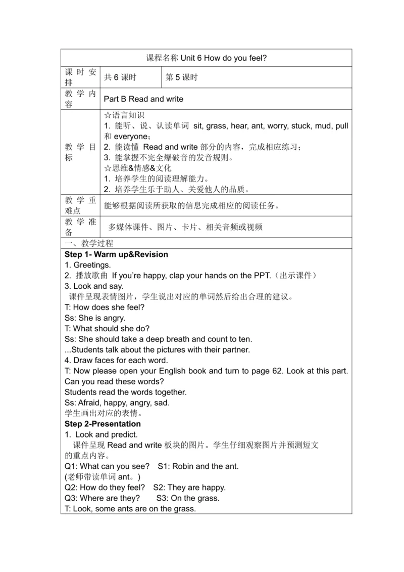 Unit 6 How do you feel？ Part B   Read and write表格式
