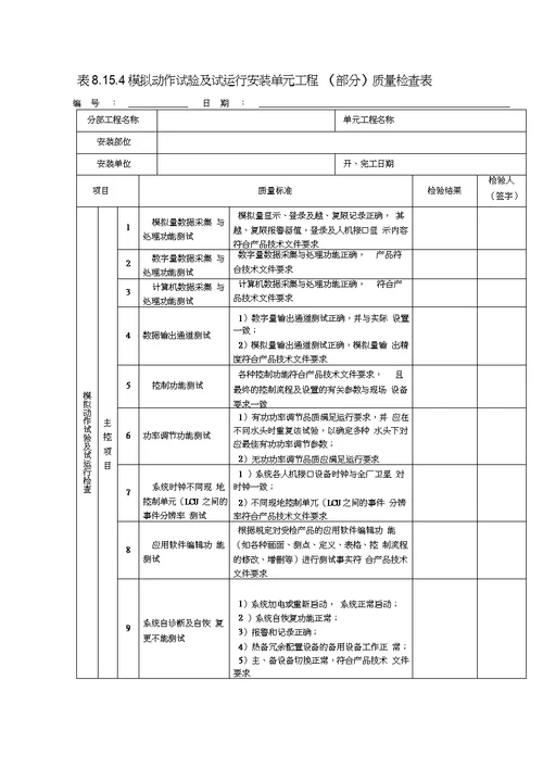 计算机监控系统单元工程安装质量验收评定表