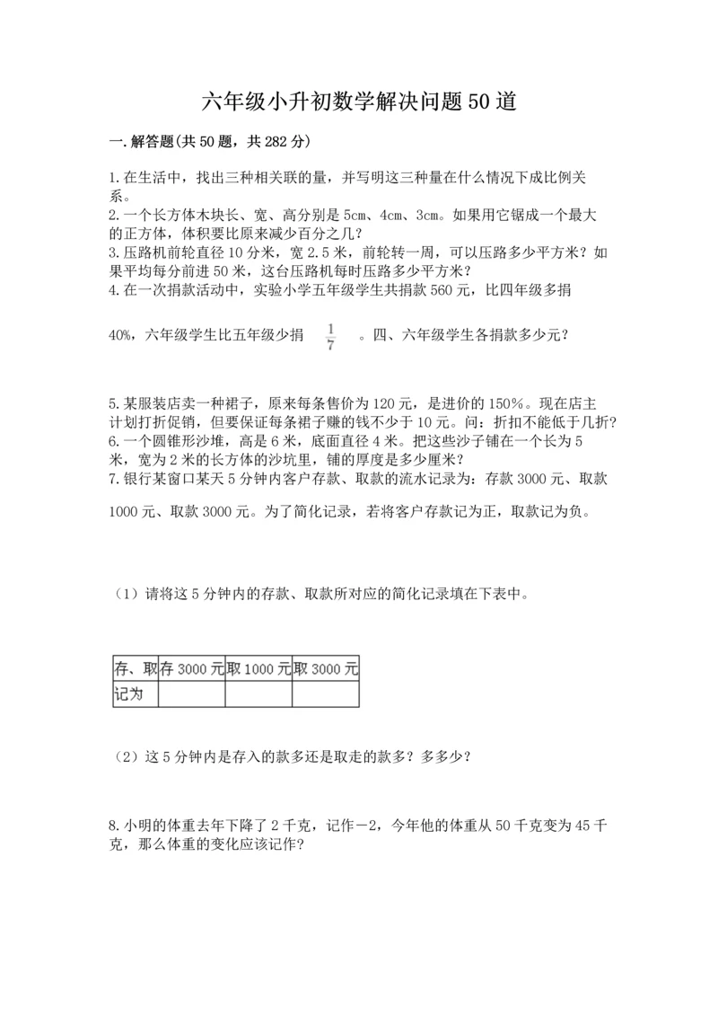 六年级小升初数学解决问题50道带答案（实用）.docx