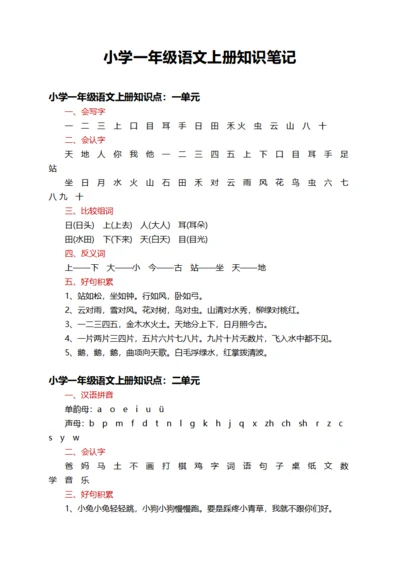 小学一年级语文上册知识整理笔记
