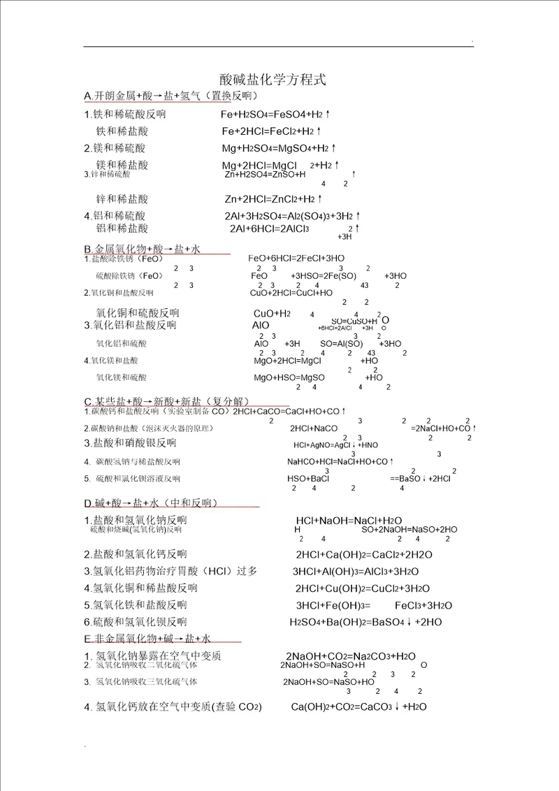 酸碱盐等化学方程式汇总