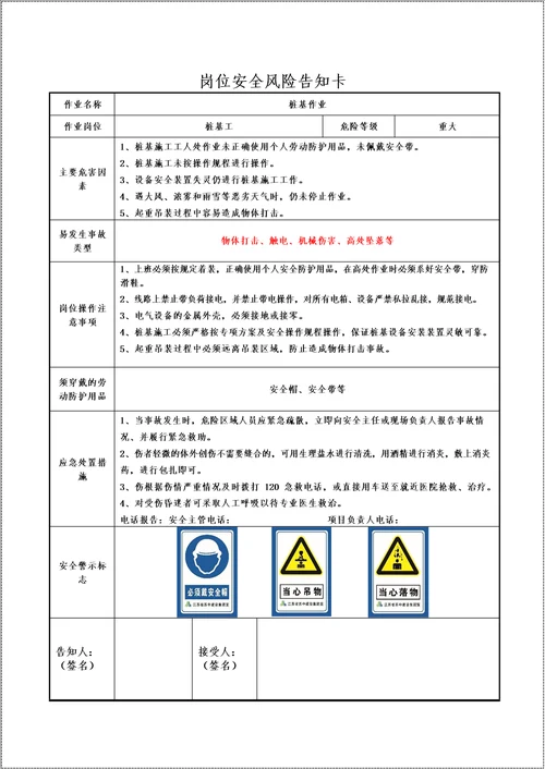 建筑施工项目部主要岗位安全风险告知书参考模板范本