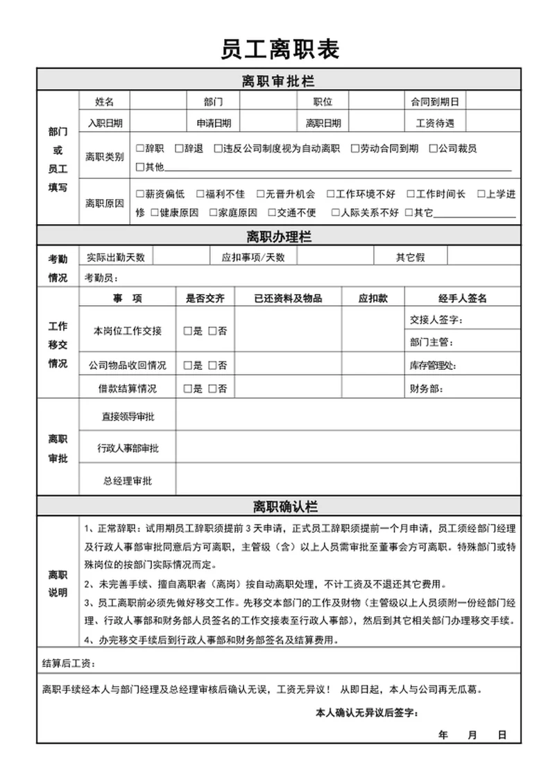 员工离职表