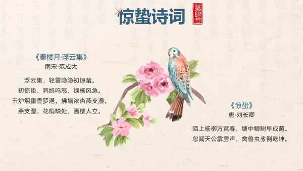 黄色中国风花鸟二十四节气之惊蛰带内容PPT模板