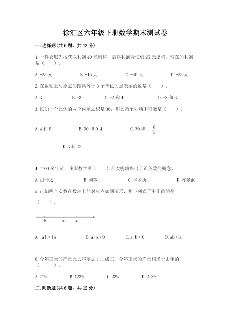 徐汇区六年级下册数学期末测试卷及答案一套.docx
