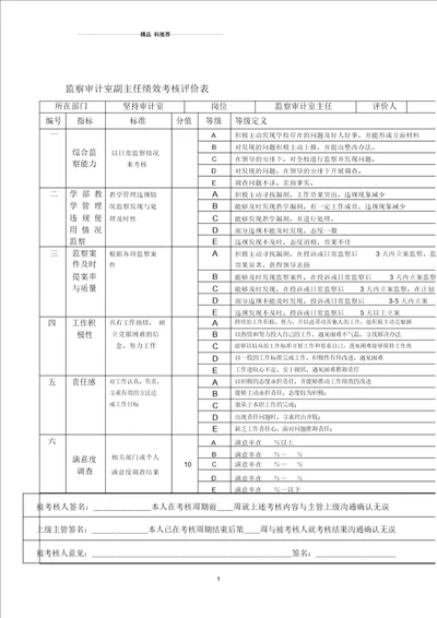 监察审计室副主任绩效考核评价表