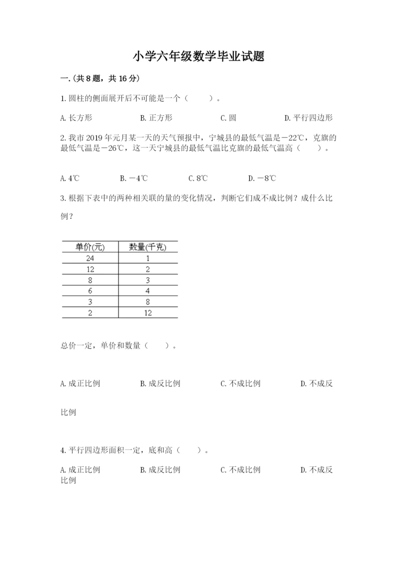 小学六年级数学毕业试题（名师系列）.docx