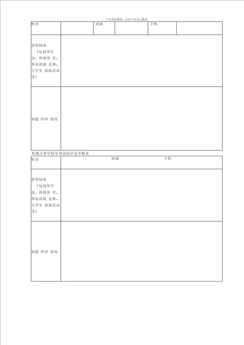 机械工程学院年国家奖学金、励志奖学金申报表