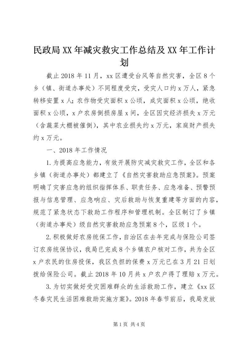 民政局XX年减灾救灾工作总结及XX年工作计划.docx