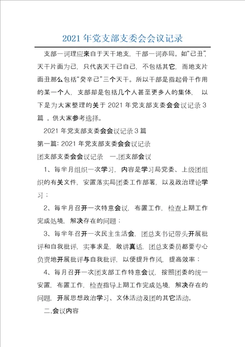 2021年党支部支委会会议记录