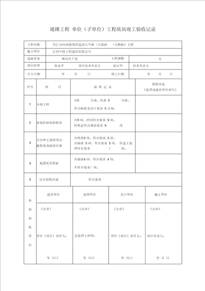 道路工程竣工验收记录表