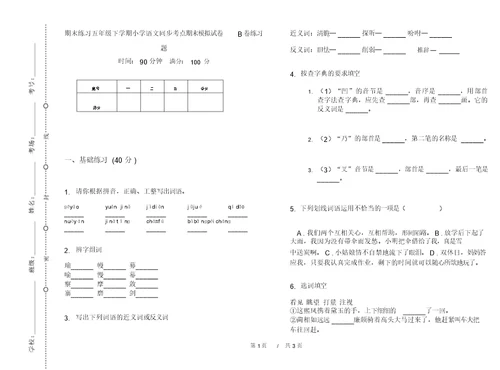 期末练习五年级下学期小学语文同步考点期末模拟试卷B卷练习题