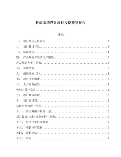 核能系统设备项目投资预算报告