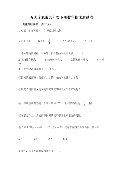 五大连池市六年级下册数学期末测试卷精品带答案