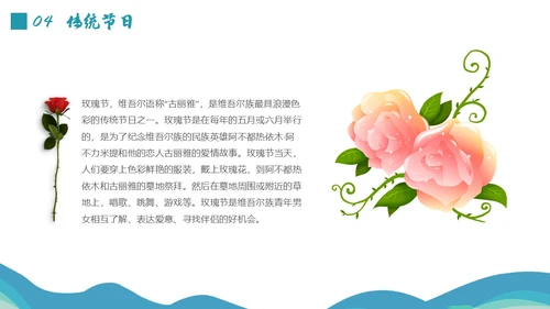 蓝绿色插画维吾尔族少数民族介绍学生PPT