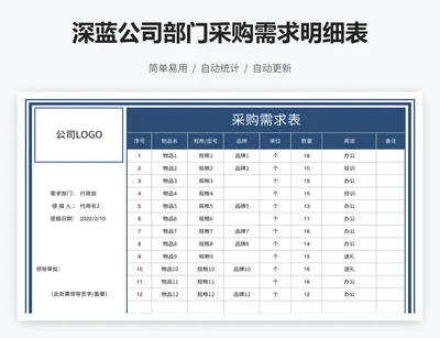 深蓝公司部门采购需求明细表