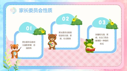 粉色蓝色手绘风可爱童趣卡通家长委员会学生会议流程PPT模板家委会