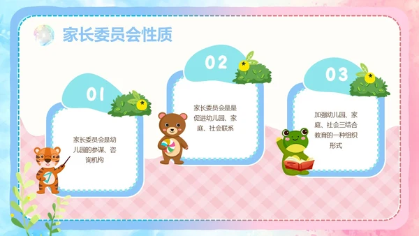 粉色蓝色手绘风可爱童趣卡通家长委员会学生会议流程PPT模板家委会