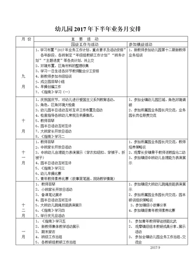 幼儿园2017年下半年业务月安排周安排