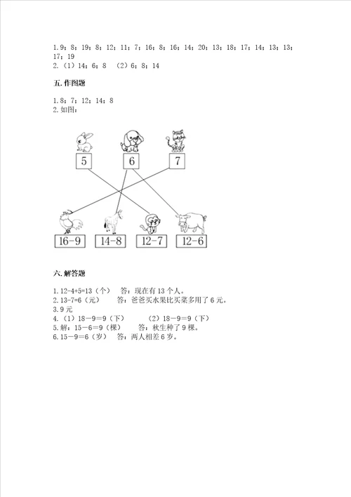 冀教版一年级上册数学第九单元 20以内的减法 测试卷及1套参考答案