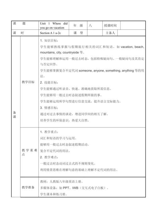 Unit 1 Where did you go on vacation？1a-2c表格版教学设计（人