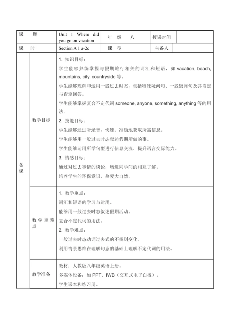 Unit 1 Where did you go on vacation？1a-2c表格版教学设计（人