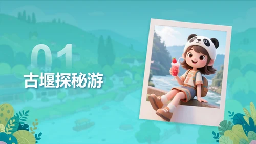 蓝绿色卡通插画可爱都江堰旅游攻略PPT模板