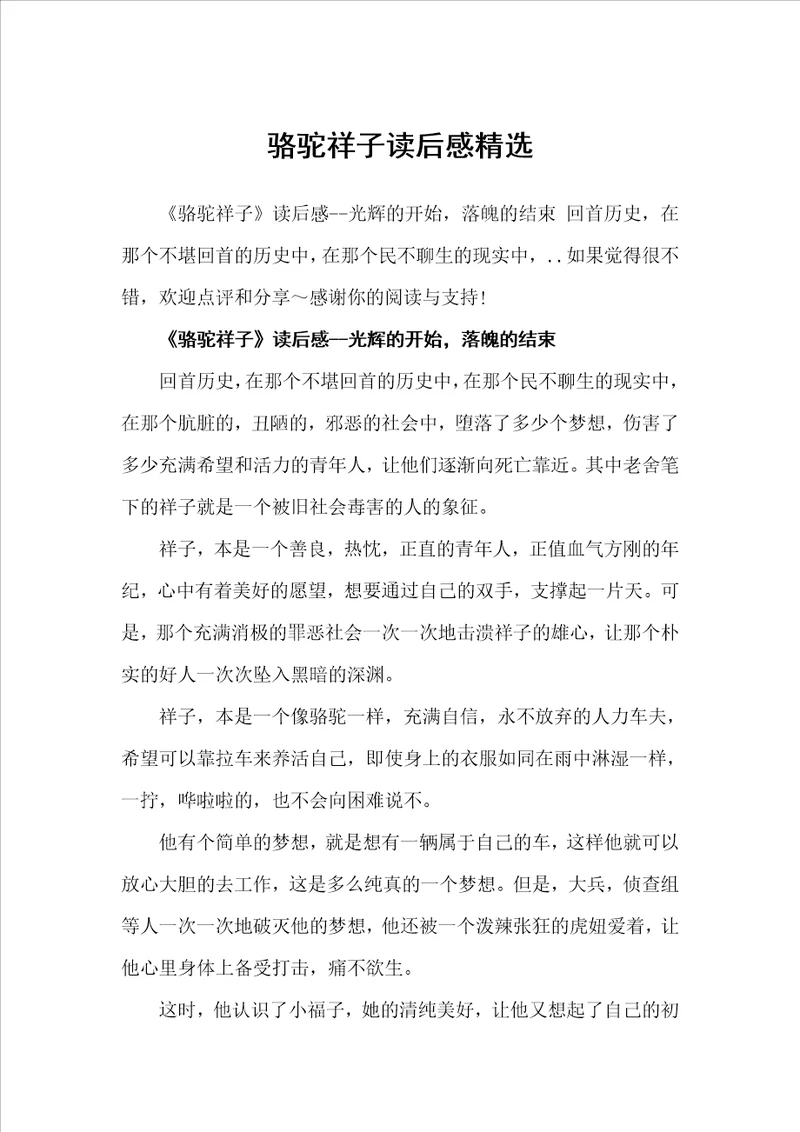 骆驼祥子读后感精选读书心得体会