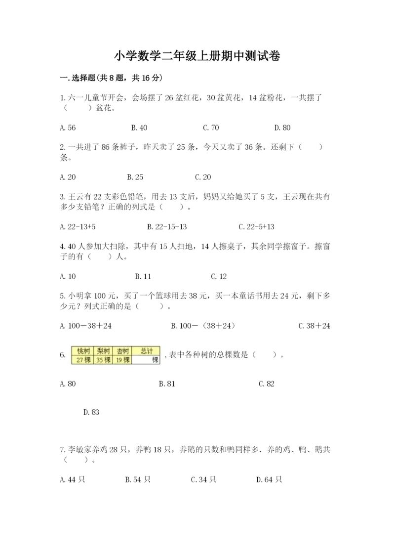 小学数学二年级上册期中测试卷精品【夺冠系列】.docx
