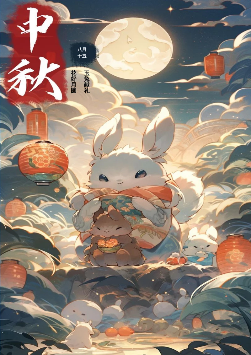 创意国潮玉兔献礼中秋宣传海报