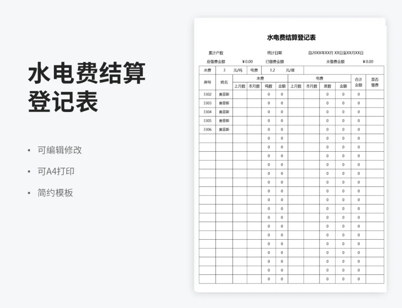 水电费结算登记表