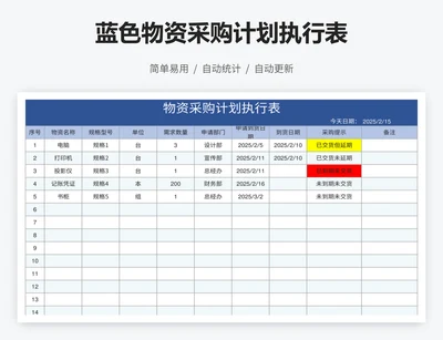 蓝色物资采购计划执行表