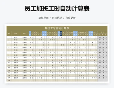 员工加班工时自动计算表