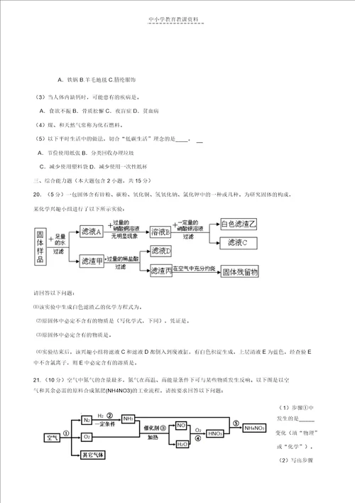 2018年初中化学毕业生学业综合测试试题