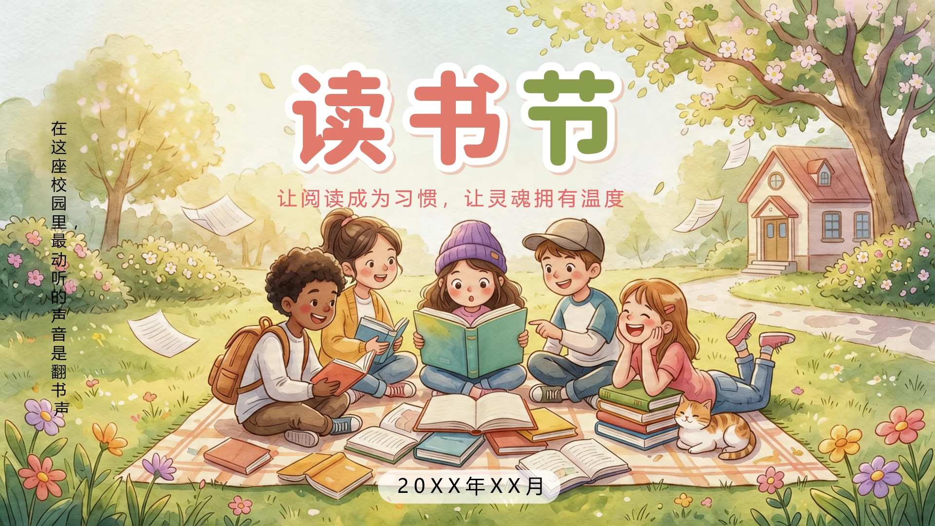 彩色卡通风唯美学校读书节活动封面页
