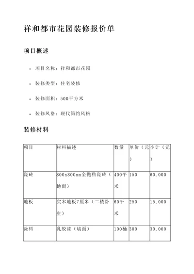 祥和都市花园装修报价单