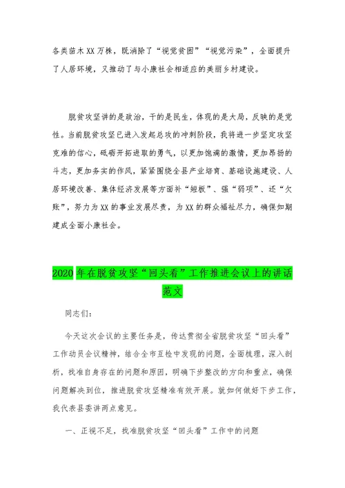 2020年巡视组脱贫攻坚专项巡视“回头看”反馈问题整改落实情况汇报和工作推进会议讲话稿汇编