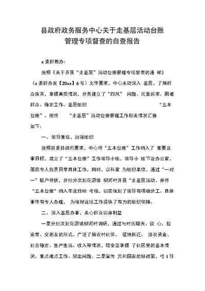 县政府政务服务中心关于走基层活动台账管理专项督查的自查报告