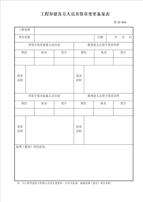 鲁TK004工程参建各方人员及签章变更备案表