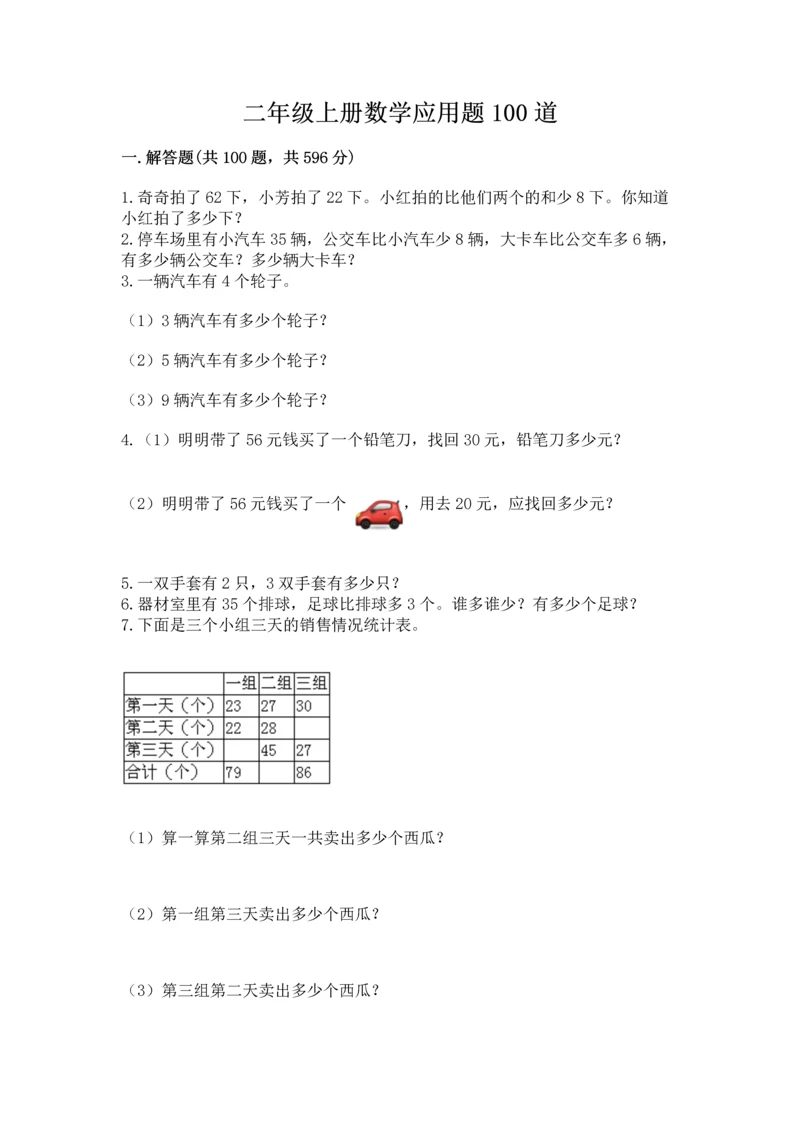 二年级上册数学应用题100道1套.docx