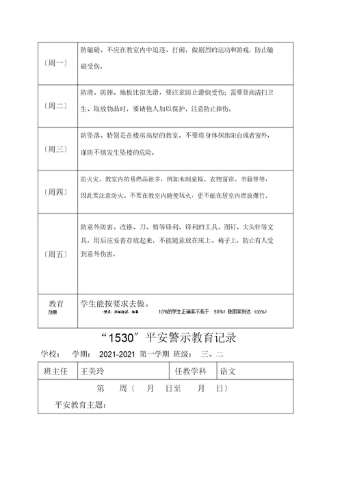 小学1530安全教育记录表格式