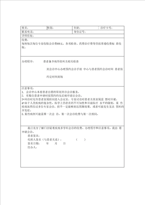 门诊多学科会诊中心制度、流程、同意书、会诊单、登记表、回访记录表