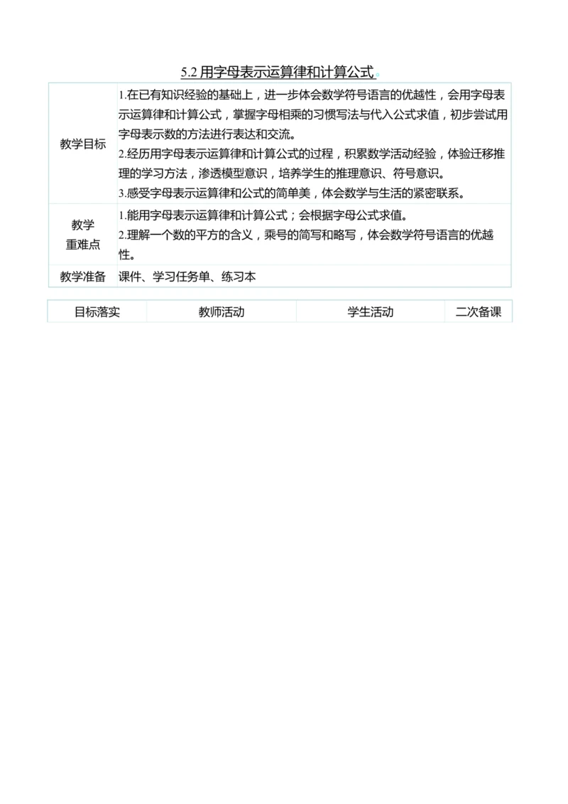 （大单元整体教学）5.2用字母表示运算律和计算公式（表格式）教学设计 人教版 五年级上册数学