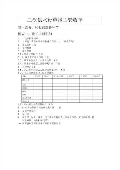 二次供水设施验收单