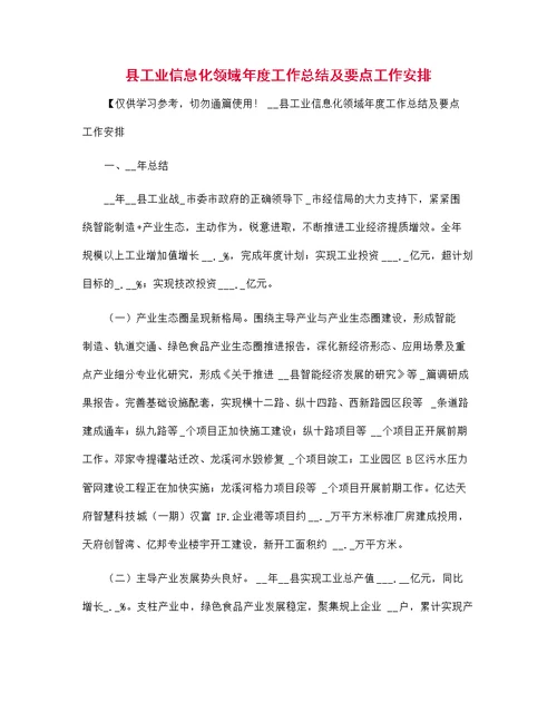 县工业信息化领域年度工作总结及要点工作安排范文