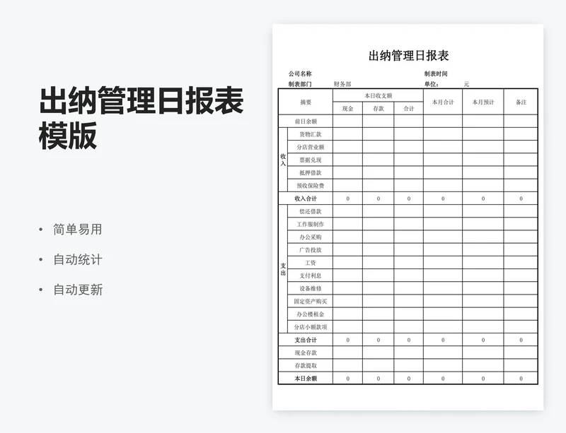 出纳管理日报表模版