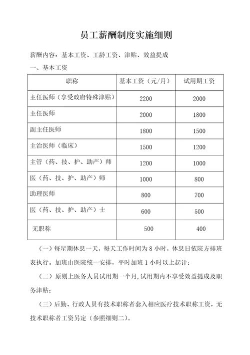 医院员工薪酬制度实施细则