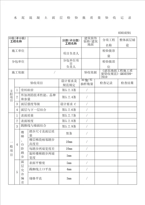 水泥混凝土面层检验批质量验收记录